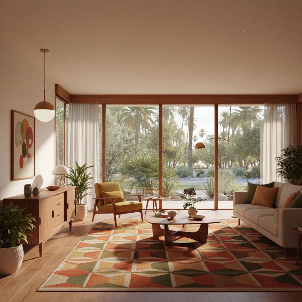 Mid-century modern interior with teak wood furniture, retro patterns, warm color palette, large glass windows, and natural light. Architectural photography, ultra-realistic render.
